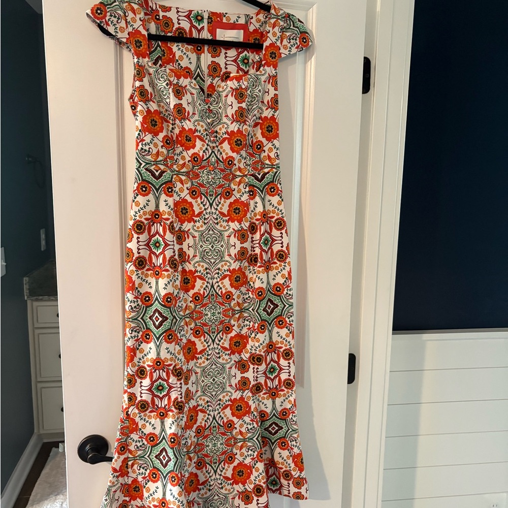 Anthropologie Orange and Green Floral Midi Dress